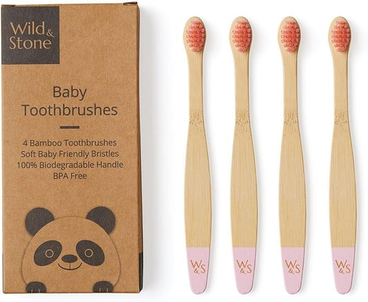 Wild & Stone Organic Baby Bamboo Toothbrushes | 4 Pack | Soft Bristles | 100% Compostable Handle | BPA Free | Vegan Baby Toothbrushes (Baby Pink)