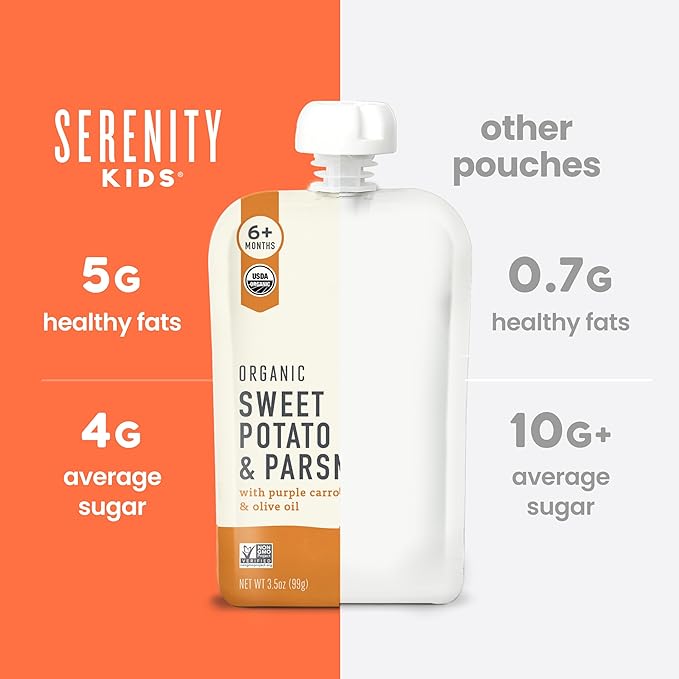 Serenity Kids 6+ Months Organic Veggie Puree Baby Food Pouches - No Added Sugar & Allergen Free - BPA-Free Baby Snacks & Toddler Food with Sweet Potato & Parsnip - 3.5 Oz, 12 Pack