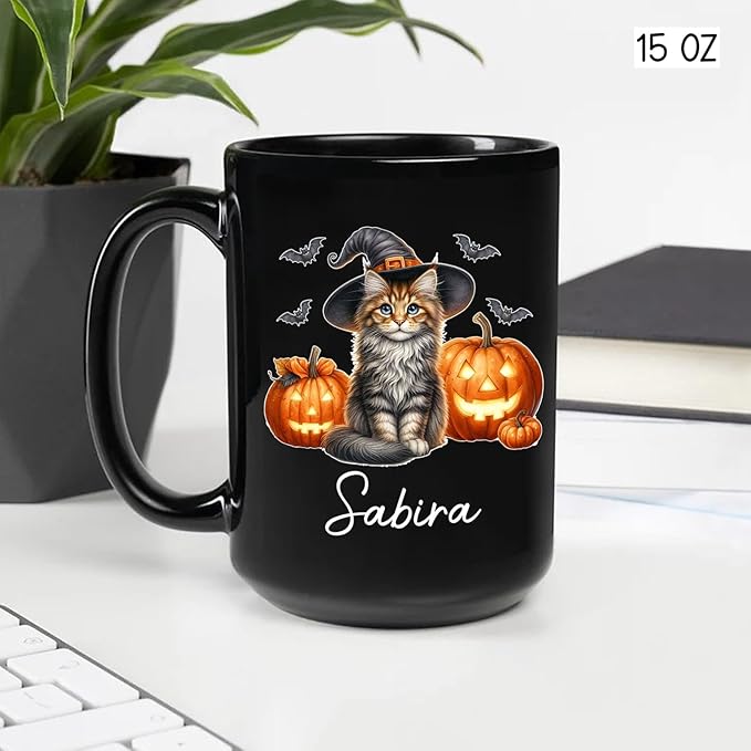 Personalized Maine Coon with Pumpkins Cup for Halloween, Maine Coon Wearing Witch Hat Coffee Mug, Cat Halloween Ceramic Cup 11oz 15oz, Pet Cat Black Mug, Gift for Pet Lover Dad Mom Children