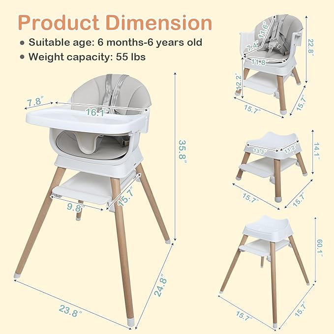 9 in 1 Convertible Baby High Chair with Booster, Wooden Highchair for Babies and Toddlers with Adjustable Tray & 5-Point Harness, Multi-Functional Growing Seat for Feeding, Learning & Play, Gray