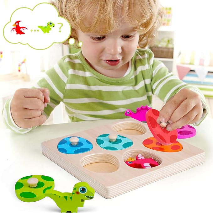 Dinosaur Wooden Toddler Puzzle 1-3, Montessori Toys for 1 2 3 Year Old, Dinosaur Eggs Peg Puzzles, Kid Wooden Puzzles Ages 2-4, Dinosaur Toy for Toddler Kid, Preschool Education Learning Toys