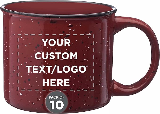 DISCOUNT PROMOS Custom Ceramic Campfire Coffee Mugs 13 oz. Set of 10, Personalized Bulk Pack - Perfect for Tea, Espresso, Cappuccino, Hot Cocoa - Maroon