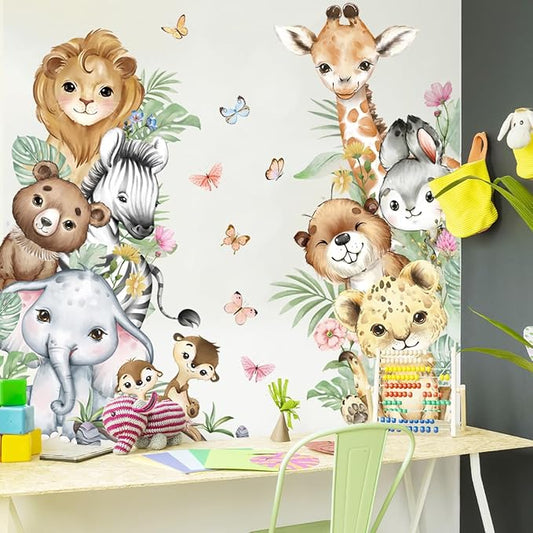 Watercolor Jungle Animal Wall Decals - Tiger, Elephant, Giraffe, Zebra, Lion - Removable Stickers for Baby's Nursery, Playroom, Bedroom, Classroom, Kindergarten Decor