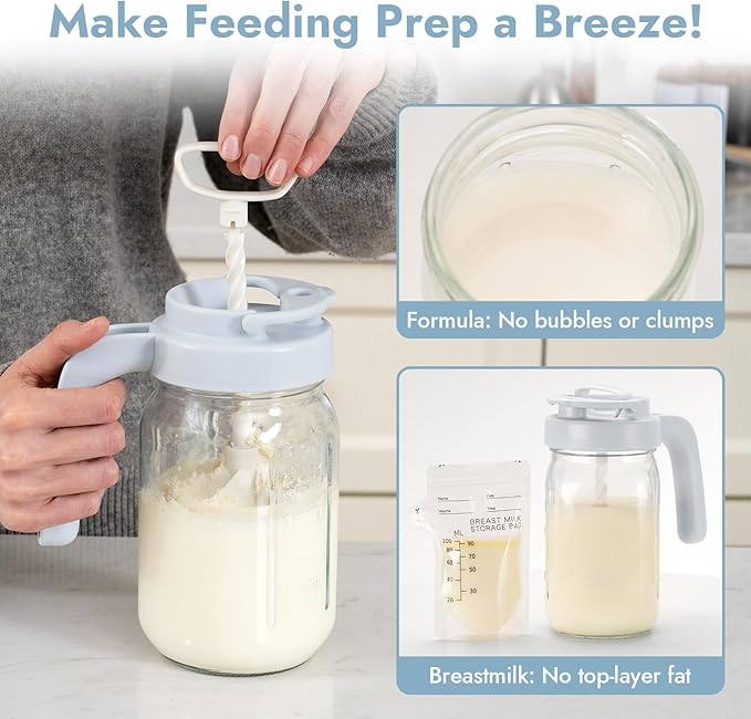Papablic 32oz Formula Mixing Pitcher Lid, Breastmilk Pitcher Mixing Handle & Flip Locking Spout for Mixing Formula/Breastmilk/Protein Powder/Coffee, Blue