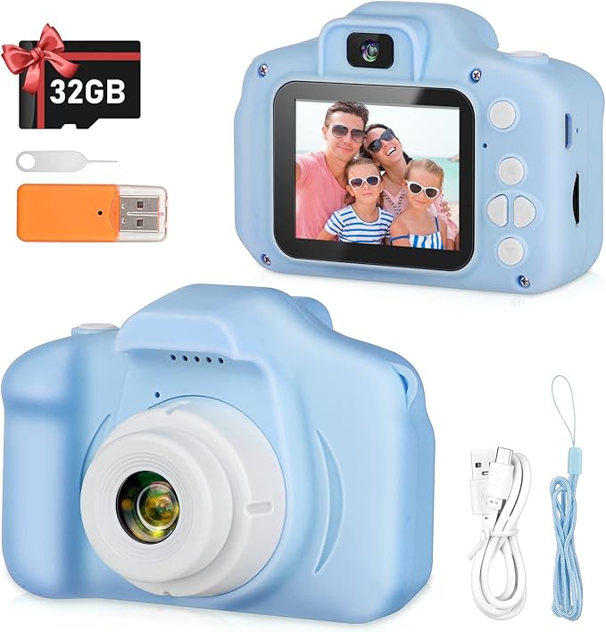 Kids Camera, HD Digital Video Camera, Childrens Toys for 3 4 5 6 7 8 9 Year Old Boys/Girls, Selfie Camera for Kids, Christmas Birthday Gifts with 32GB SD Card (Blue)