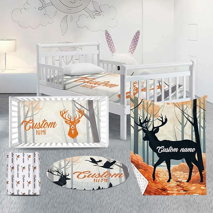Custom Nursery Crib Bedding Set: Personalized Name 4 Piece Orange Sika Deer Design Baby Crib Sets for Baby Girls - Toddler Double Layer Blanket Set, Comfortable Crib Bed Sheets for Baby Toddlers