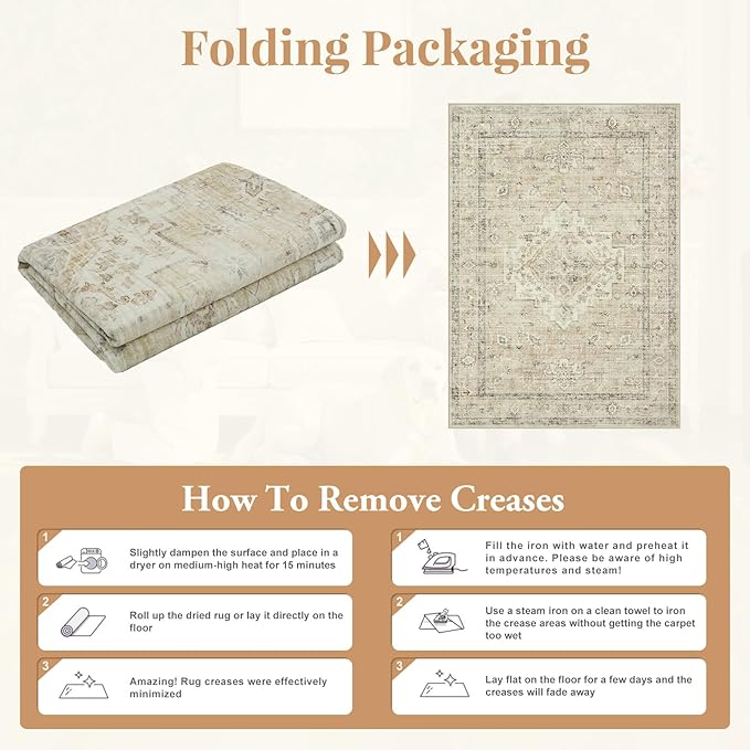 LIVEBOX Washable Area Rug 9x12 Rugs for Living Room Bedroom, Non-Slip Boho Neutral Carpet for Dining Room Office, Low-Pile Farmhouse Soft Carpets for Kids Nursery Room Playroom, Tan