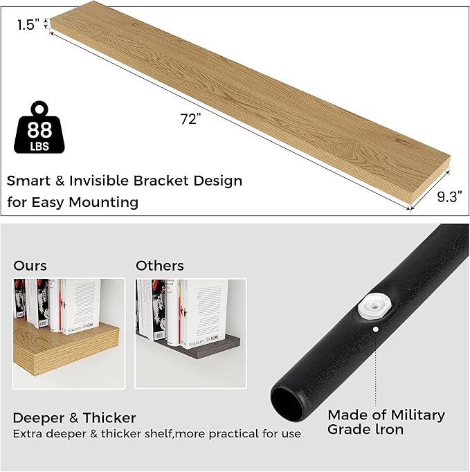 Floating Shelves for Wall, Large Wall Mounted Shelves with Invisible Brackets, Long Wood Floating Shelf for Living Room, Bedroom, Kitchen, Bathroom (Oak, 72" W x 9" D x 1.5" H)