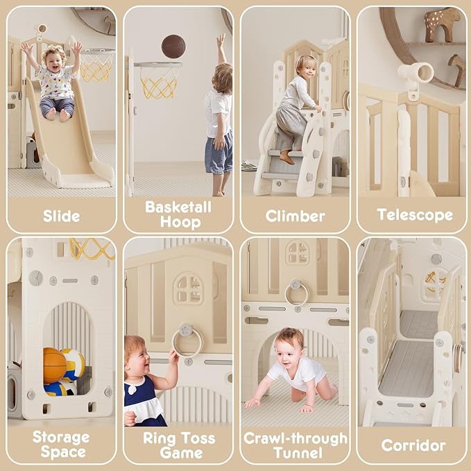 YUFU 8 in 1 Toddler Slide Set, Kids Slide for Toddlers Age 1-3, Toddler Playset with Climber, Basketball Hoop and Ball, Outdoor Indoor Playground for Toddlers 1-3 (Beige+Coffee)