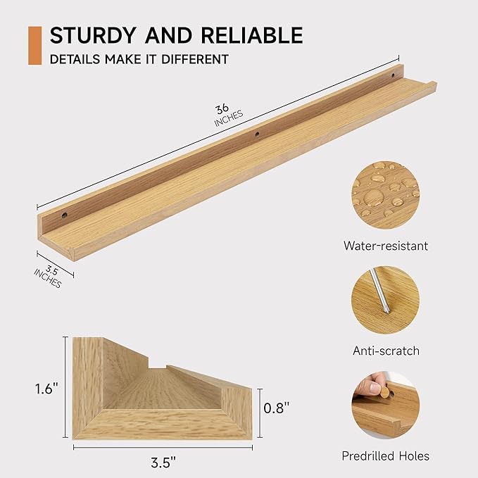 Picture Ledge Shelf for Wall, Floating Shelves Set of 4, 36 Inch Long Nursery Book Shelves for Toys Storage, Kids Bookshelf Wall Mounted for Books Photo Frames, Oak