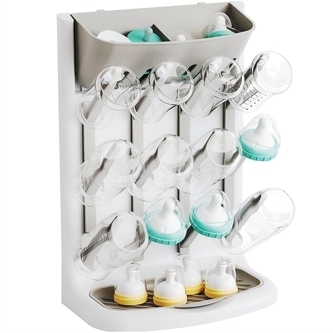 Yieach Larger Vertical Baby Bottle Drying Rack - BPA Free - Space Saving Feeding Bottles Drying Rack Holder for Countertop,Baby Bottle Holder Storage Station for Pacifiers,Pump Accessories Stand,Grey