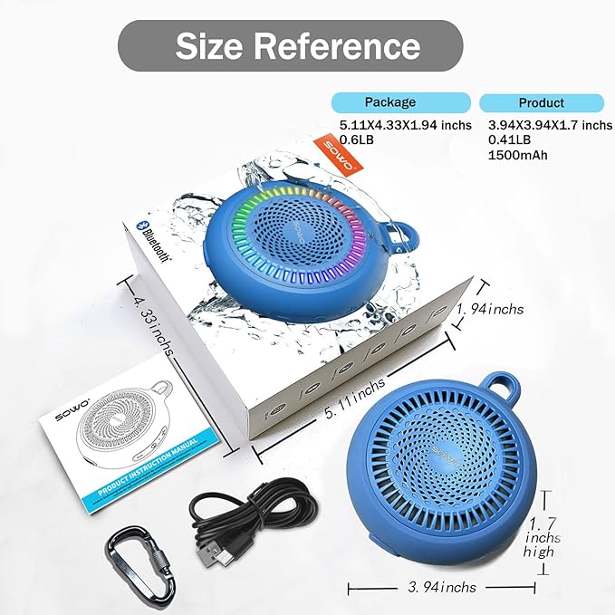 SOWO Shower Bluetooth Speaker Waterproof - Small Portable Wireless Clip Speaker with Louder Volume and Powerful Bass - Colorful Lights and 10H Playtime - Lightweight for Camping,Kayak,Boat - Blue