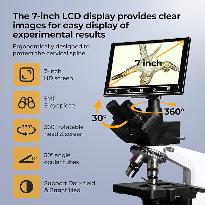 [Darkfield Microorganism Model] Vabiooth Lab Darkfield & Brightfield Trinocular Compound Microscope 40X-2500X Magnification with 7" Monitor 5MP E-Eyepiece, Adjustable Mechanical Stage, LED Source