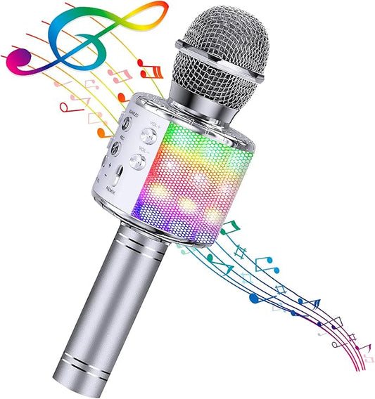 BlueFire 4 in 1 Karaoke Wireless Microphone with LED Lights, Portable Microphone for Kids, Great Gifts Toys for Kids, Girls, Boys and Adults (Silver)