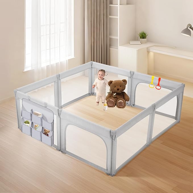 Foldable Baby Playpen, Shape & Size Adjustable Playpen for Toddler, 79x71 Large Play Pens Safety Mesh Foldable Playard for Babies, Portable Baby Fence Play Area Kids Play Pen, Grey