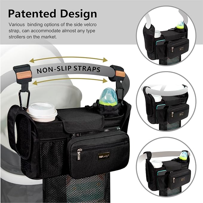 TOPDesign Universal Baby Stroller Organizer, Stroller Caddy with Detachable Mesh Bag & Heightened Insulated Cup Holders & Non-Slip Secure Hooks Accessories, Fits Most Strollers (Dogs)