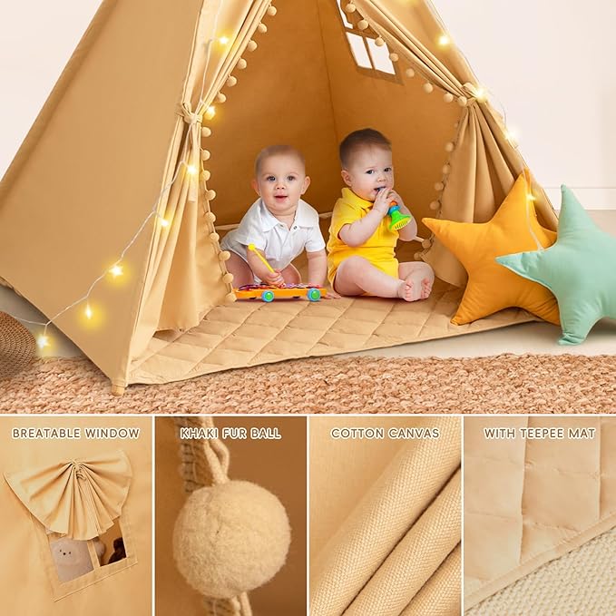 Teepee Tent for Kids with Mat, Cotton Canvas Kids Teepee with Pompom for Toddlers Indoor Play Tent for Girls Boys with Stars Lights, Carry Bag, Banner Flag (Khaki)