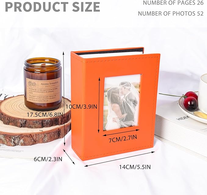 RECUTMS Mini Photo Album 4x6 52 Pockets, Leather Cover with Front Window Album Hold 52 Vertical Photos for Family Wedding Baby Children (Orange)