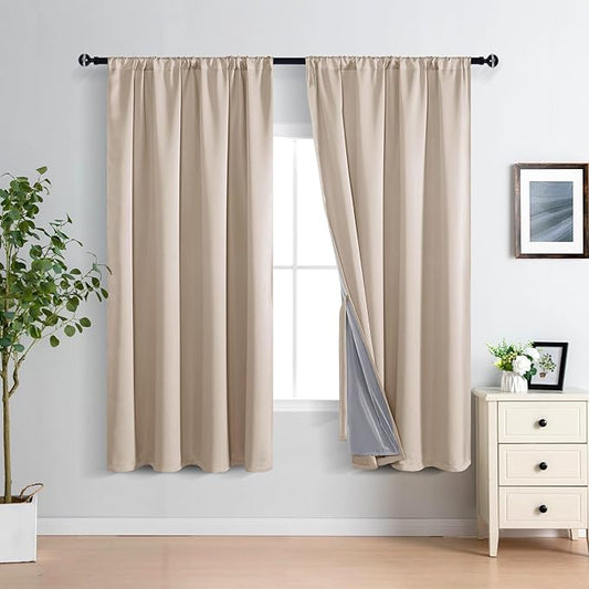 XWZO 100% Blackout Curtain Panels Rod Pocket Thermal Insulated Black Liner, Noise Reducing and Heat Blocking Drape for Hall and Studio Windows with Tiebacks, Biscotti Beige, W52 x L63, Set of 2 Panels