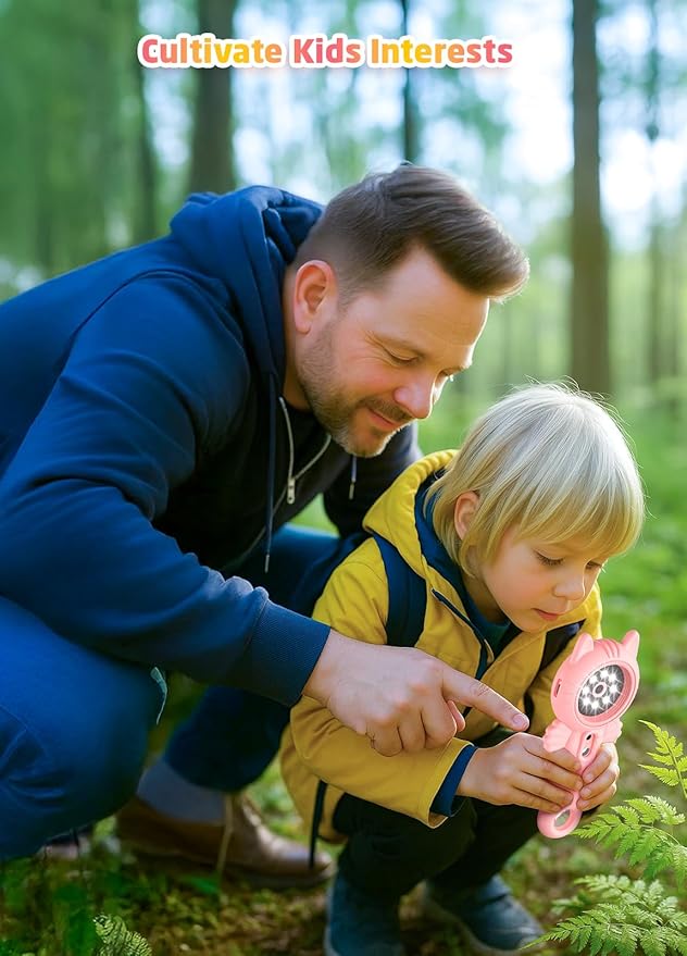 2-in-1 Microscope Camera for Kids, Mini Handheld Microscope Supporting Multiple Viewing Angles, Outdoor Educational Science Adventure Toys, Birthday Gifts for 3-10 Years Old Girls, Pink Cat