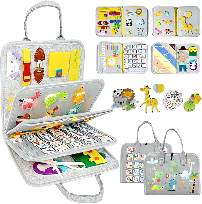 Qizfun Busy Board Book Montessori Toys for 1 2 3 4 Year Old, Boy Girl Birthday Gifts, Educational Sensory Learning Toys for Toddlers 1-3, Car Airplane Travel Activities Toys for Kids Ages 2-4 Year Old