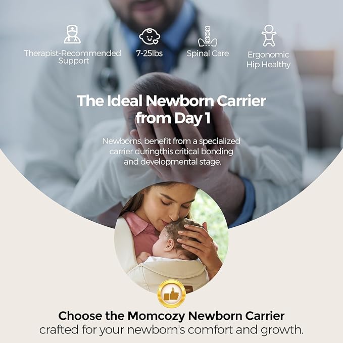 Momcozy Newborn Carrier WeeSnug- Lightweight and Cozy Comfort for 7-25 lbs, Ergonomic Cross-Back Support, Effortless to Put On, Hands-Free Baby Carrier with Lumbar Support, Khaki
