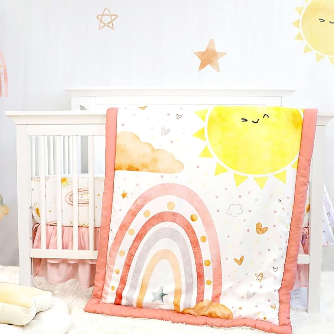 4-Piece Crib Bedding Set for Girls, Includes Comforter, Fitted Crib Sheet, Crib Skirt, and Diaper Stacker, Pink Rainbow