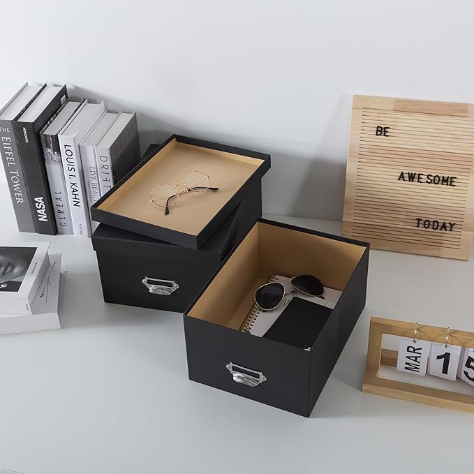 Soul & Lane Black Decorative Cardboard Storage Boxes with Lids, Set of 2 Stacking Keepsake Photo and Memory Boxes for Home & Office, Elegant Paperboard Organizers with Label Holders and Drawer Pulls