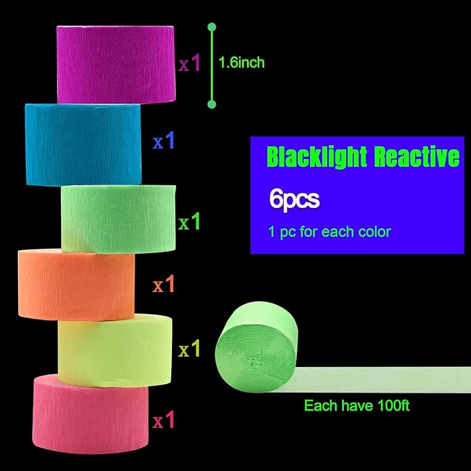 600feet Crepe Paper Streamers,6 Rolls Blacklight Party Streamer Decorations in 6 Colors for Neon Party,Wedding, Birthday, Glow Party Supplies…