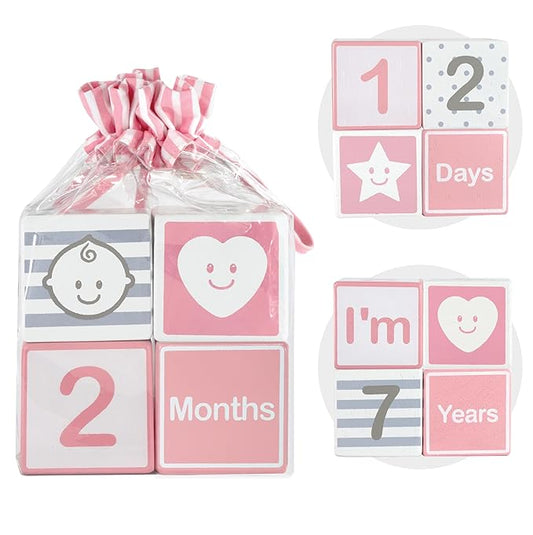 I'm Solid Wood Monthly Weekly Yearly Milestone Age Blocks, Newborn Gifts & Keepsakes for Picture Props (4 Pcs/Pink)
