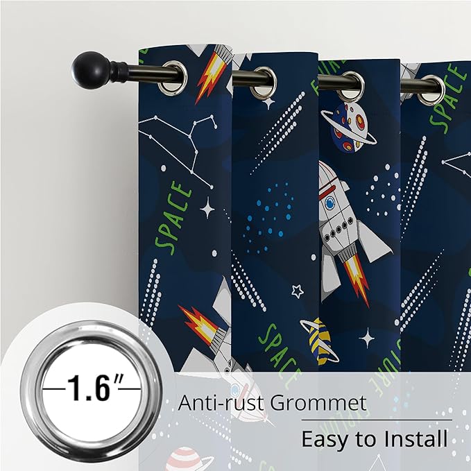 Kids Space Rocket Blackout Curtains - 100% Blackout, Thermal Insulated, Noise Reducing, Perfect for Kids Room and Nursery, 2 Panels (Future Explorer Rockets, W52×L63)