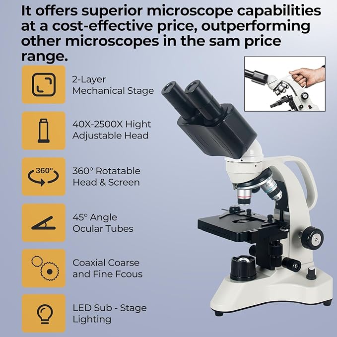 [Cost-Effective] Binocular Microscope, Vabiooth Lab Compound Binocular Microscope 40X-2500X Magnification with Two-Layer Mechanical Stage, Wide-Field 10X and 25X Eyepieces, Abbe Condenser, Metal Body
