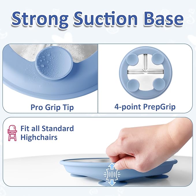 Stainless Steel Suction Plates for Toddlers, 9" Divided Kids Baby Plates with Removable Silicone Suction, Non Toxic Non Slip Portion Control Snack Dishes 3 Packs, Blue Gray Beige