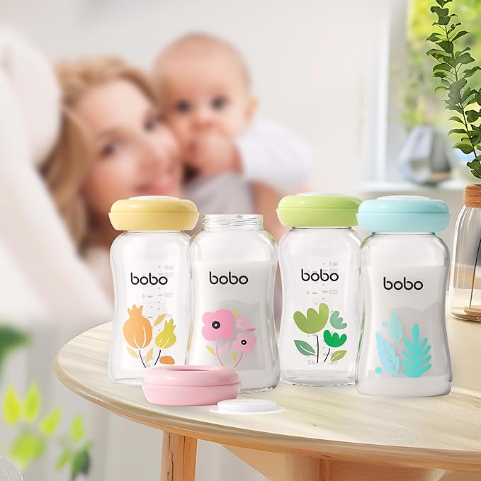 YOHKOH Breast Milk Storage Bottles - Wide Neck Glass Breastmilk Storage Bottles with Lids, BPA-Free (Green, 5.4oz (Pack of 4))