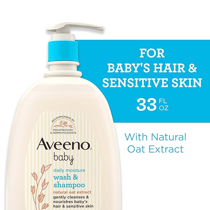 Aveeno Baby Daily Moisture Body Wash & Shampoo with Natural Oat Extract, Hypoallergenic, Tear-Free, Paraben-Free, pH-Balanced Formula For Sensitive Hair & Skin, 33 fl oz