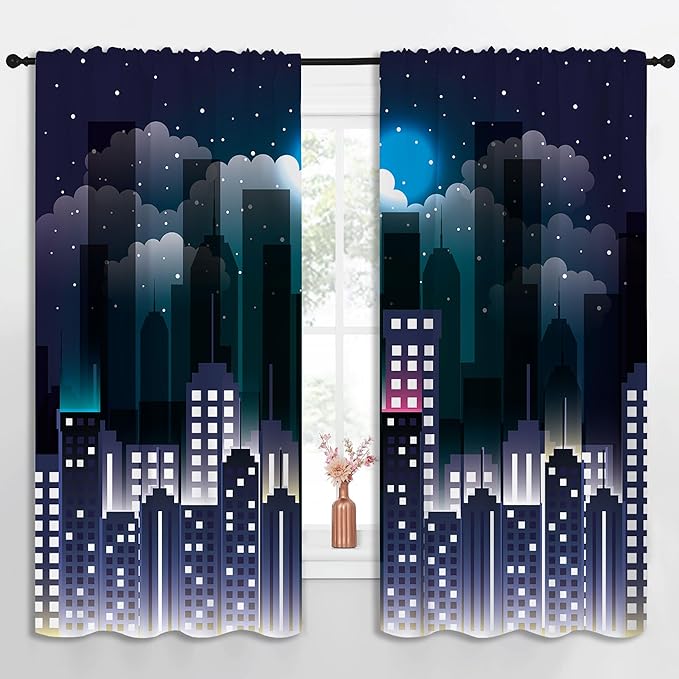 Superhero Rod Pocket Blackout Curtains for Boy Girl Bedroom, Violet Night Sky Buildings Cityscape Home Energy Efficient Light Filtering Window Curtain for Living Room,63x63 inch
