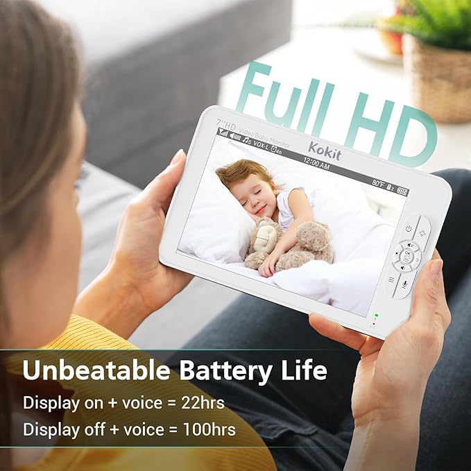 7" 1080P Full HD Video Baby Monitor No WiFi,100 Hrs 5000mAh Battery Runs 4 Days,4X Zoom,Remote 355° Pan-Tilt,2-Way Talk with Temp Alert/Lullabies/VOX