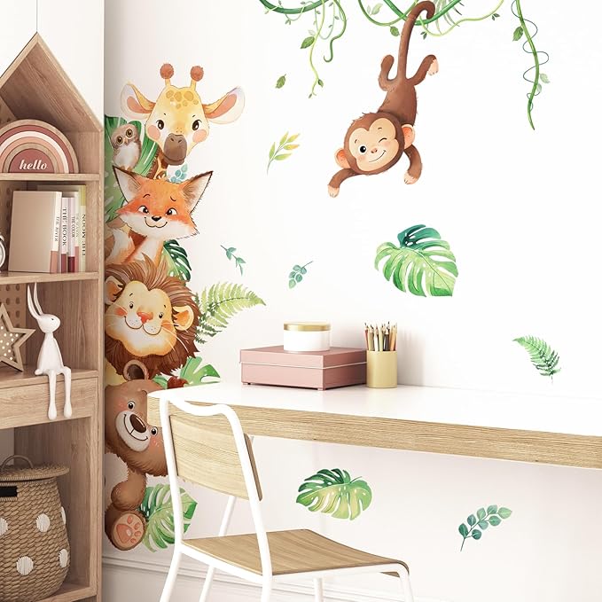 Tanlaby Jungle Animals Wall Stickers Cartoon Safari Animal Wall Decals Fox Bear Lion Monkey Tropical Leaves Art Decor for Baby Nursery Kids Playroom Bedroom