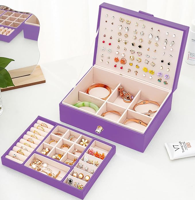 Girls Jewelry Box for Earrings Jewelry Organizer Box Teen Girls Earrings Organizer Jewelry Box with Earring Holder Organizer Stud Earring Box for Girls Womens Jewelry Case Organizer Purple