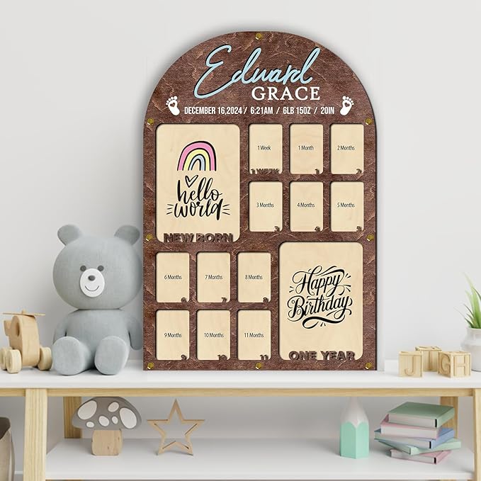 Personalized My First Year Photo Frame | 12 Months Picture Frame For Baby First Year | Displays Two 4x6 Photo and Twelve 2x3 Pictures | Birthday Party Decor Newborn Memory Keepsake, Rainbow