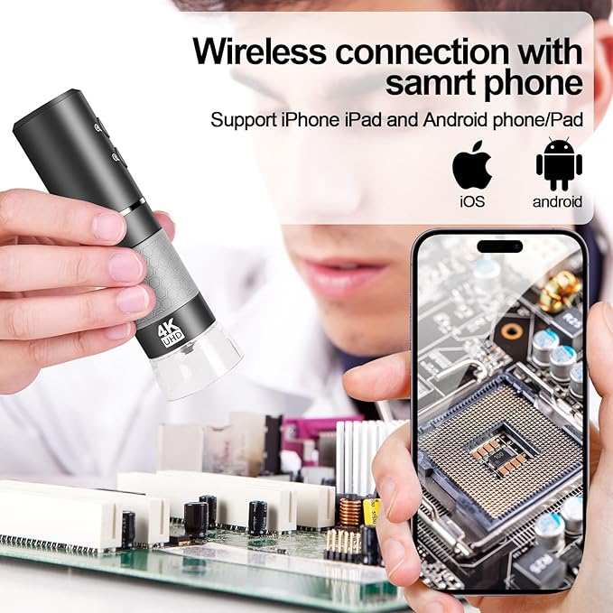4K WiFi Digital Microscope Camera for iPhone Android Phone and Windows Mac PC, 3840x2160P Portable Wireless Handheld Microscope for Adults and Kids