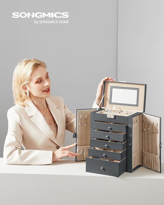 SONGMICS 6 Tier Jewelry Box, Jewelry Storage Organizer with 5 Drawers, Large Storage Capacity, with Mirror, Lockable, Jewelry Case, Gift for Loved Ones, For Watches, Gray UJBC152G01