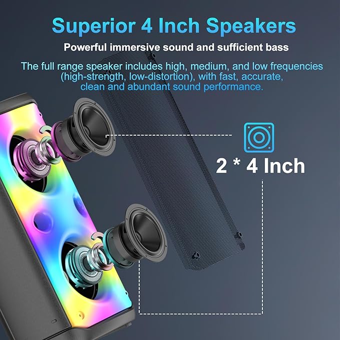 Portable Party Speaker, 80W Peak Wireless Bluetooth Speaker, PA System with LED Lights, Outdoor Bluetooth Speakers Supports for TF Card/USB, AUX in, FM, REC,TWS