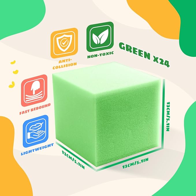 Foam Pit Cubes, 24 PCS 5 Inches Gymnastics Foam Blocks Trampoline Blocks, Multi-Sport Protective Padding for Freerunning, Trampoline, Parkour, Skate Parks & BMX - Green