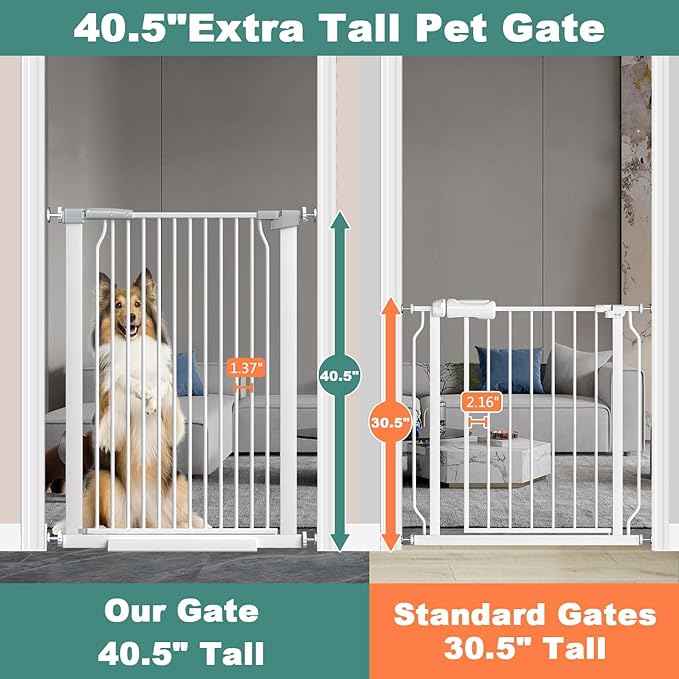 40.5" Extra Tall Baby Gate No Drill, 49.2"-54.7" Extra Wide Dog Gate Indoor, Pressure Mounted Safety Child Gate, Auto Close Pet Gate for Stairs Doorways Walk Through, White