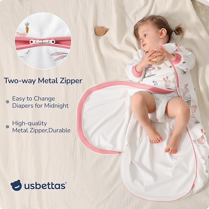 Baby Sleep Sack 12-18 Months, Cotton Detachable Long Sleeve Sleep Sack, 1.0 Tog Toddler Sleeping Sack with Temperature Strips, 2-Way Zipper Wearable Blankets for Newborns, Bunny