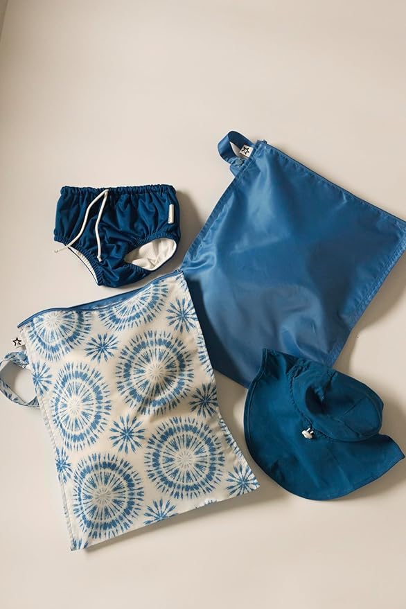 Tiny Twinkle Mess-Proof Waterproof Wet Dry Bag | 2-Pack Reusable Wet Bags for Swimsuits & Baby Clothes | Leakproof Wet Bag for Travel & Diaper Changes for Baby (Blue Tie Dye)