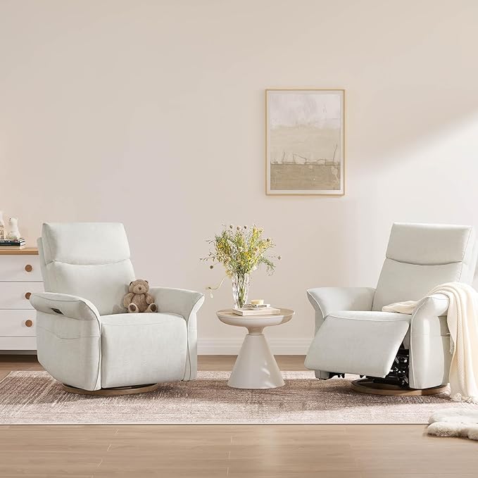 CHITA Power Recliner Chair, Electric Triple-Motor Swivel Glider Nursery Rocking Chair with Adjustable Power Headrest and Lumbar Support, GREENGARD Gold Certified, Solid Wood Base, Linen