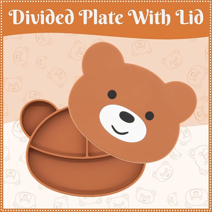 Silicone Baby Feeding Set 7 Pcs, Baby Led Weaning Supplies, Baby Feeding Supplies Set BPA Free, Baby Essentials for Newborn Gift Bear