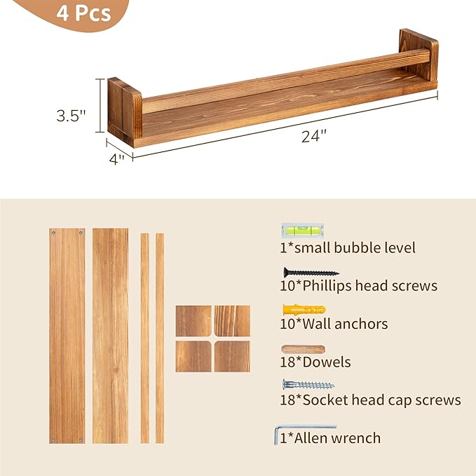 Fun Memories Nursery Book Shelves - Rustic Natural Solid Wood Floating Bookshelf for Kids - Wall Book Shelves for Kids Room (Carbonized, 24inch - 4P)